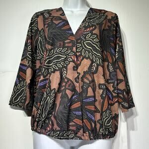 LOB Lizard Peacock African Print long sleeve V-neck Button blouse Size 3